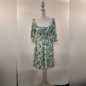 NEW‎ Mary & Mo Blue Floral Smock Bodice Short Dress Size M Cottagecore Milkmaid
